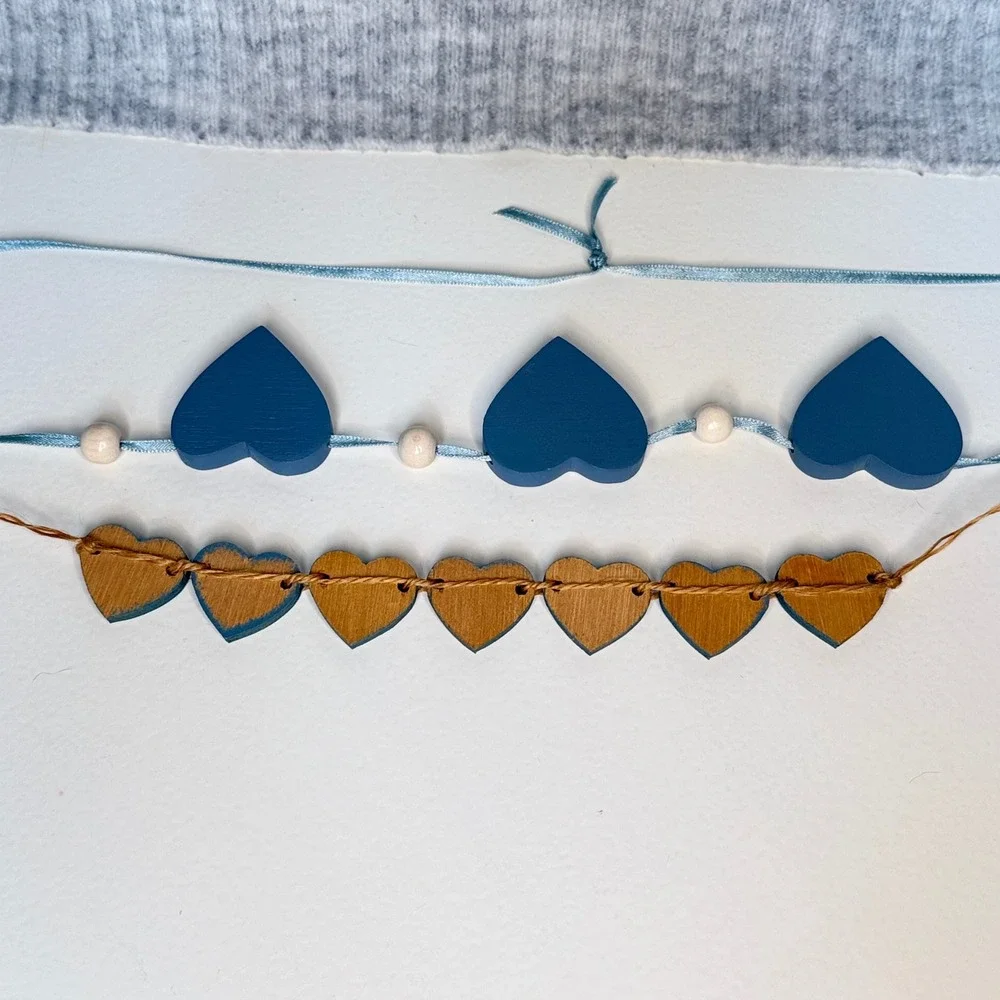 Blue Wooden Heart Welcome Garland Set Floral Painted 90s Cottagecore Wall Decor
